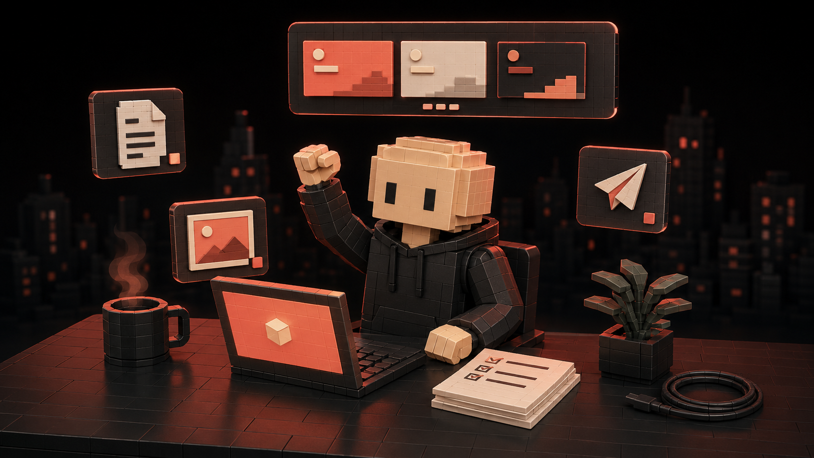 Ilustração de um personagem em uma central de produção com telas mostrando roteiro, imagem, publicação e um carrossel pronto saindo